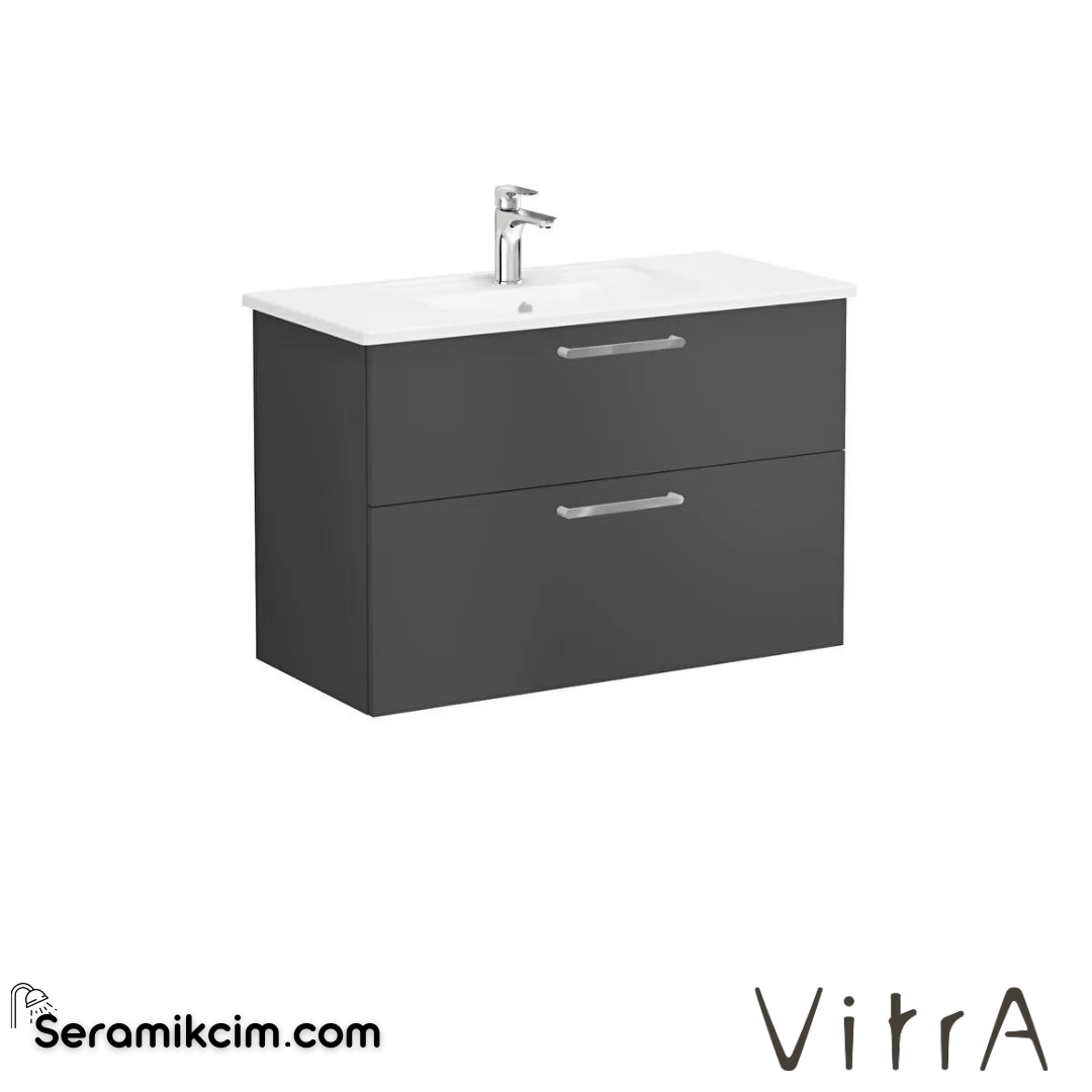 Vitra Root Lavabo Dolabı, İki Çekmeceli, 100 Cm, Mat Fırtına Gri, Köşeli Lavabolu - 68308