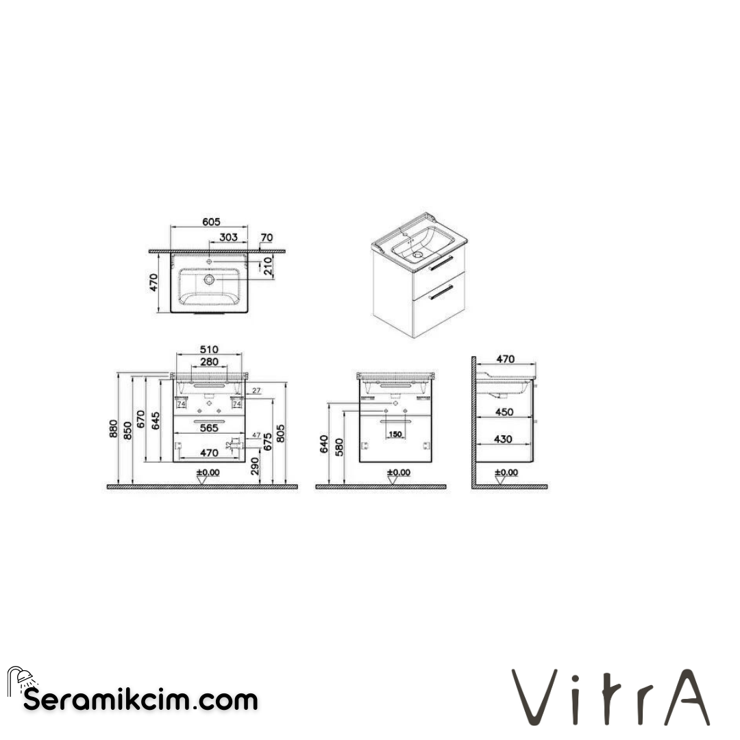 Vitra Root Lavabo Dolabı, İki Çekmeceli, 60 Cm, Parlak Antrasit, Klasik Lavabolu - 68277