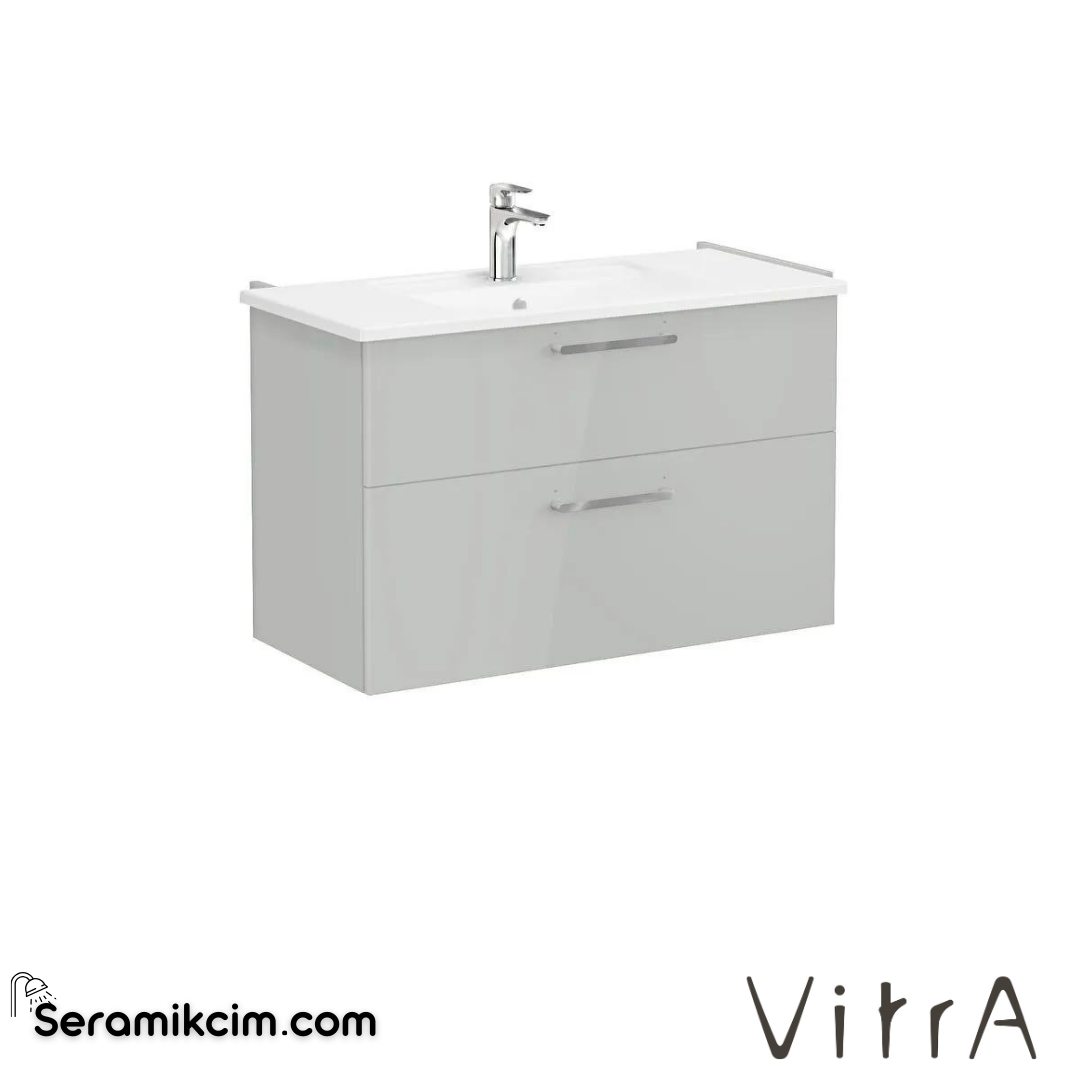 Vitra Root Lavabo Dolabı, İki Çekmeceli, 100 Cm, Parlak İnci Grisi, Köşeli Lavabolu - 68304