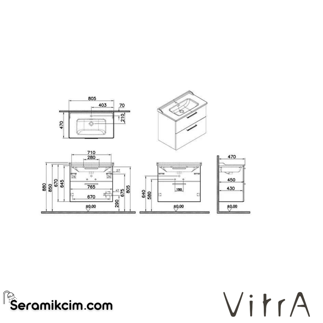 Vitra Root Lavabo Dolabı, İki Çekmeceli, 80 Cm, Ceviz, Klasik Lavabolu - 68301