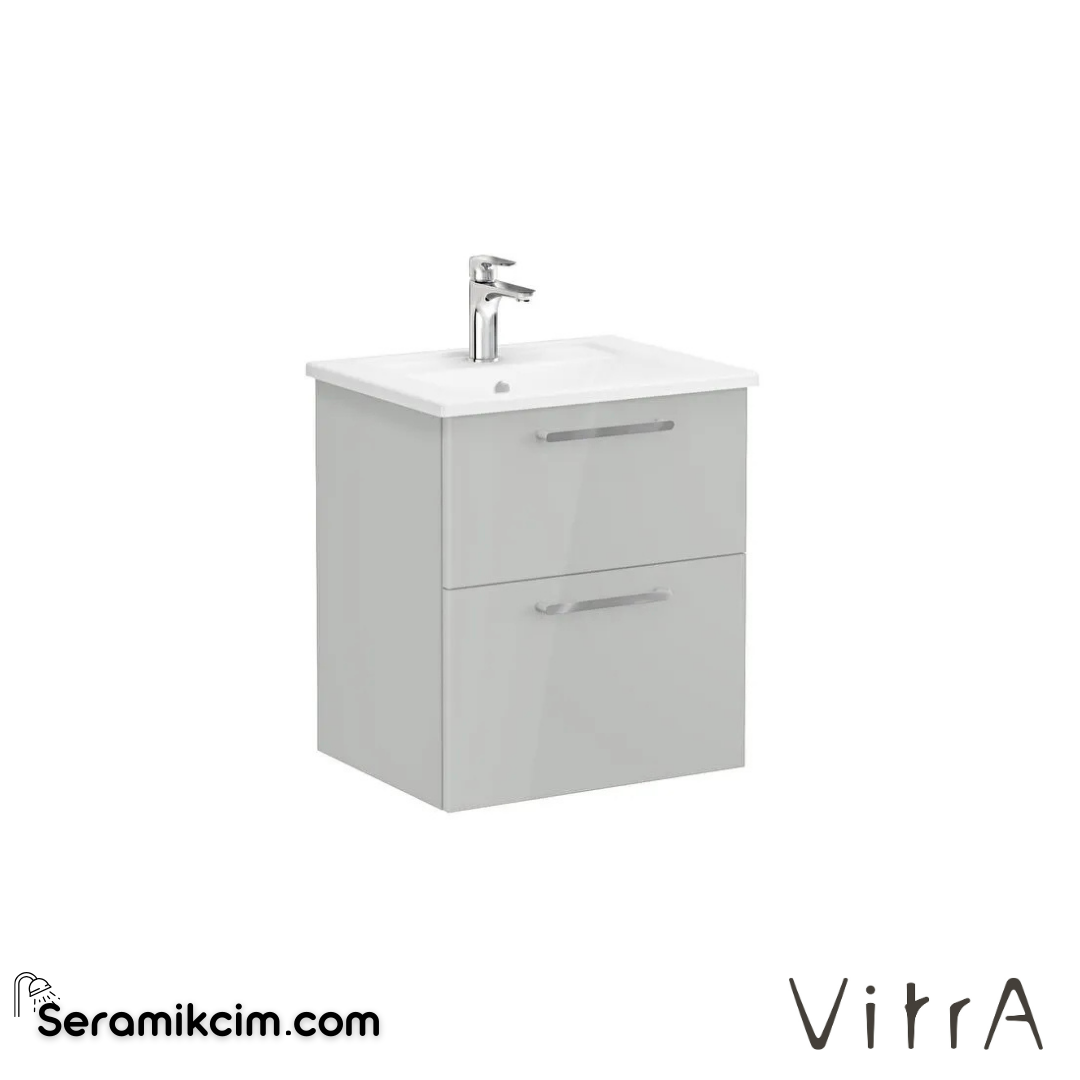 Vitra Root Lavabo Dolabı, İki Çekmeceli, 60 Cm, Parlak İnci Grisi, Köşeli Lavabolu - 66298