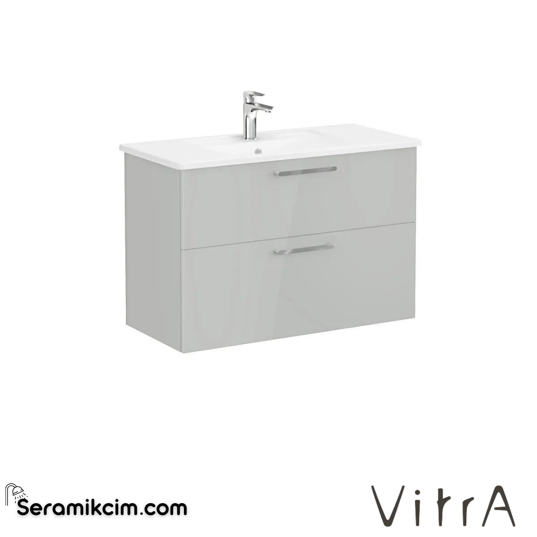 Vitra Root Lavabo Dolabı, İki Çekmeceli, 100 Cm, Parlak İnci Grisi, Köşeli Lavabolu - 68304