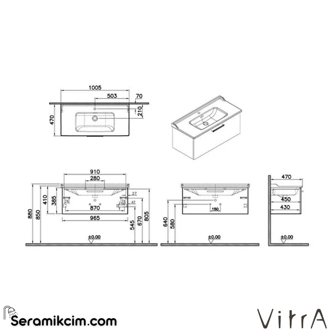 Vitra Root Lavabo Dolabı, Tek Çekmeceli, 100 Cm, Ceviz, Klasik Lavabolu - 68266