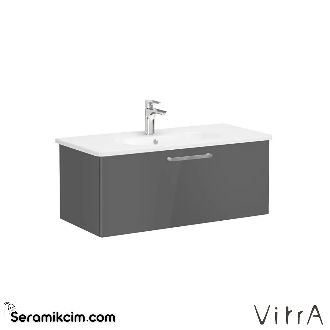 Vitra Root Lavabo Dolabı, Tek Çekmeceli, 100 Cm, Parlak Antrasit, Yuvarlak Lavabolu - 68250
