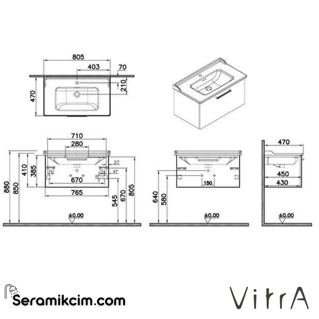 Vitra Root Lavabo Dolabı, Tek Çekmeceli, 80 Cm, Ceviz, Yuvarlak Lavabolu - 66421