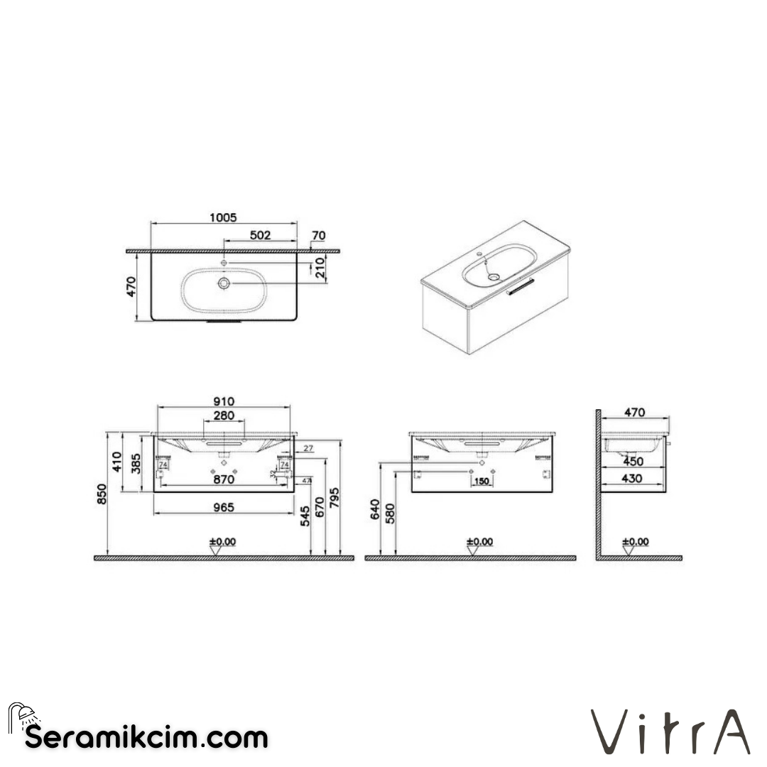 Vitra Root Lavabo Dolabı, Tek Çekmeceli, 100 Cm, Mat Fırtına Gri, Yuvarlak Lavabolu - 68253