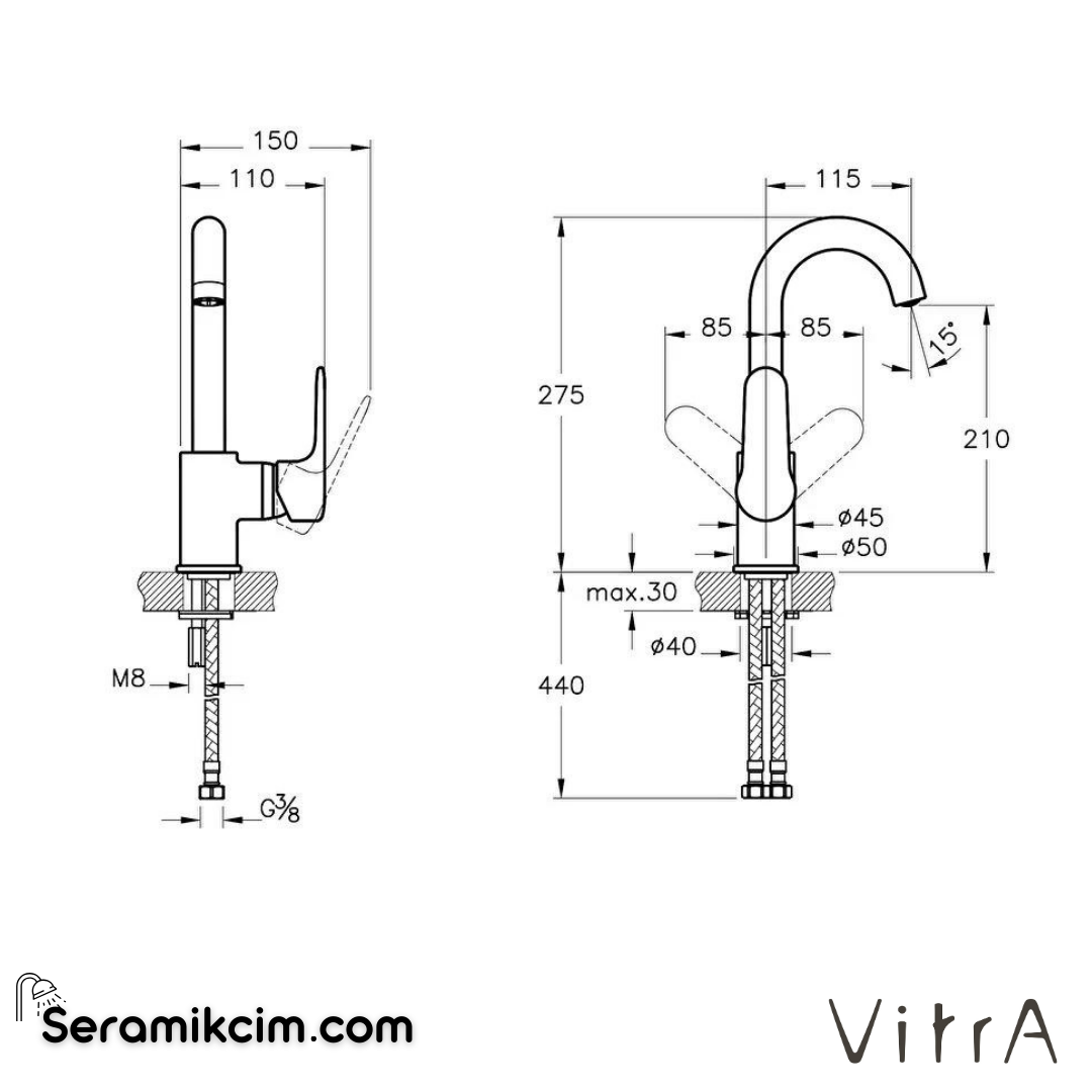 Vitra Root Round Lavabo Bataryası  (Döner Borulu), Mat Siyah - A4275436