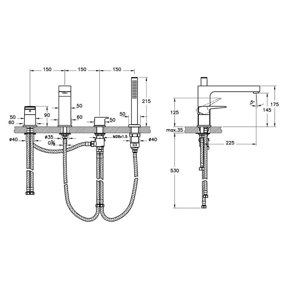 Vitra Root Square Küvet Bataryası (4 Delikli), Krom - A42757