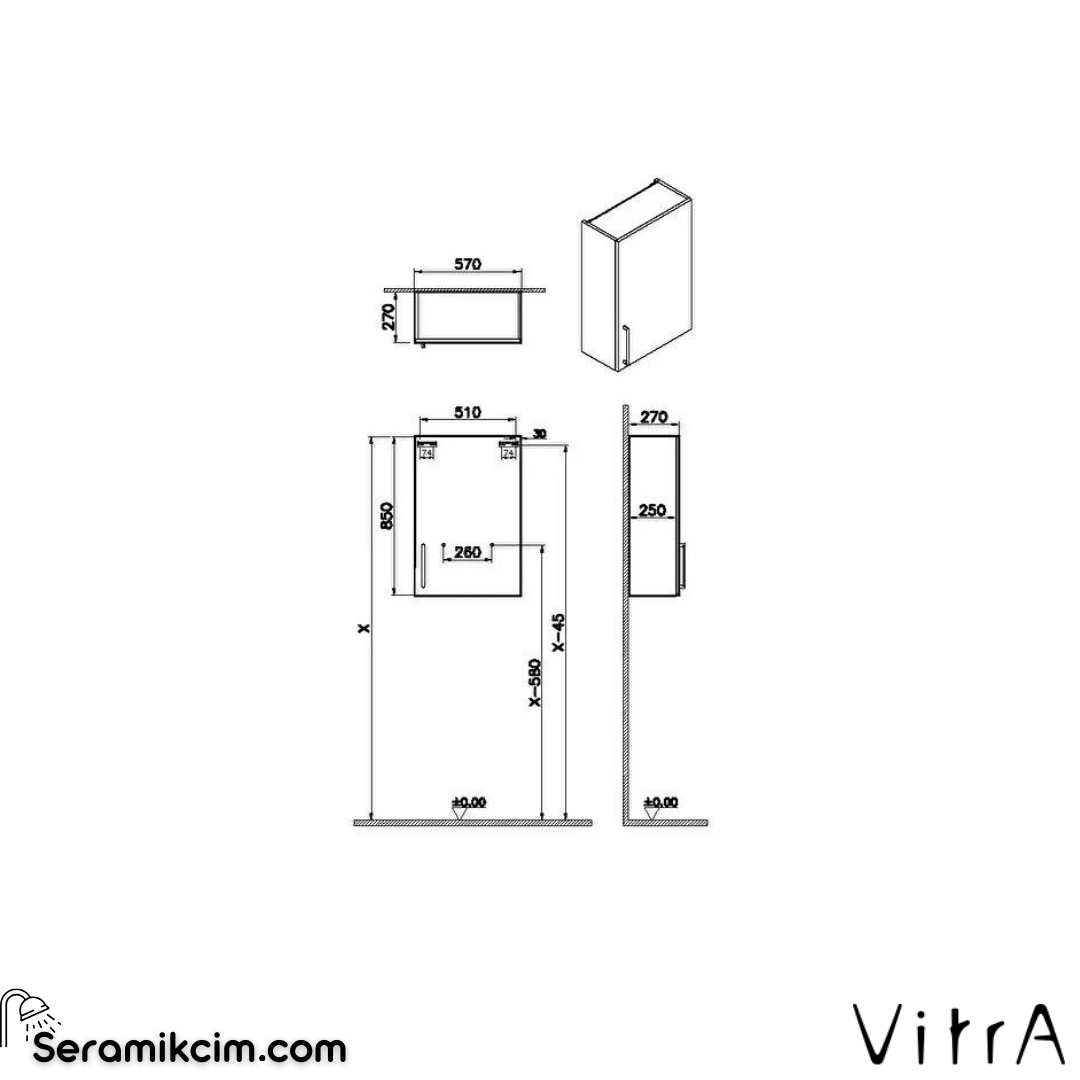 Vitra Root Üst Ünite, 55 Cm, Dar, Parlak Antrasit, Sağ