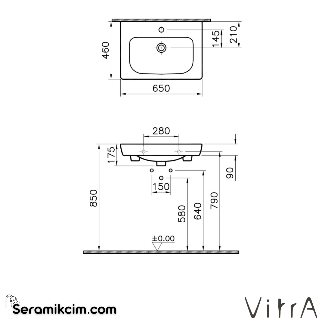 Vitra S20 Etajerli Lavabo 65X46 Cm Tek Armatür Delikli, Su Taşma Delikli, Beyaz - 5522B003-0001