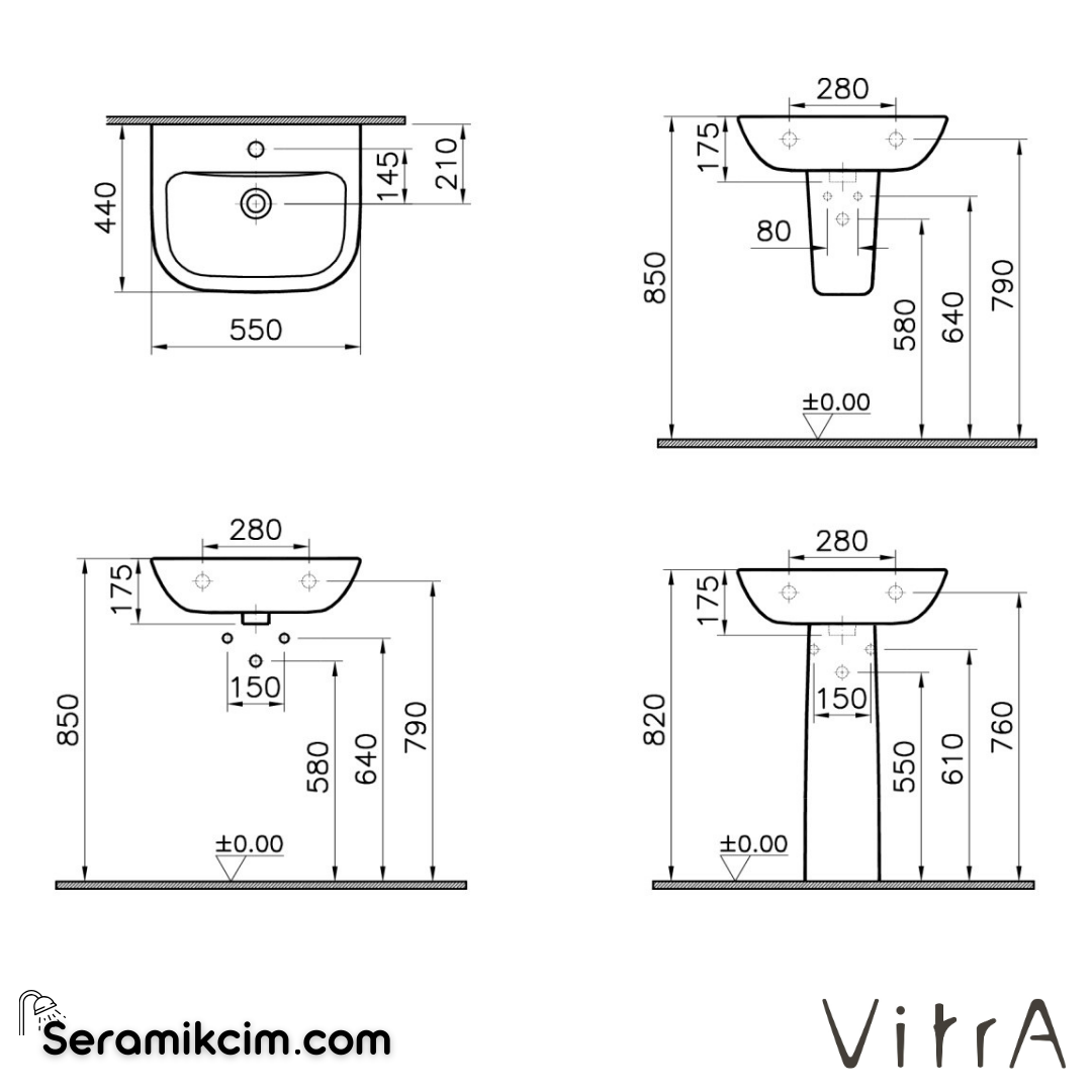 Vitra S20 Lavabo 55X44 Cm Tek Armatür Delikli, Su Taşma Delikli, Beyaz - 5502L003-0001