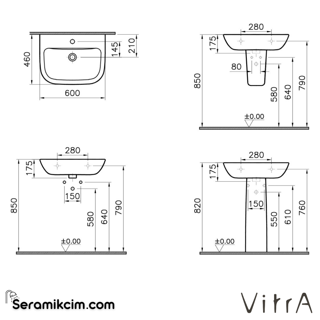 Vitra S20 Lavabo 60X46 Cm Tek Armatür Delikli, Su Taşma Delikli, Beyaz - 5503L003-0001