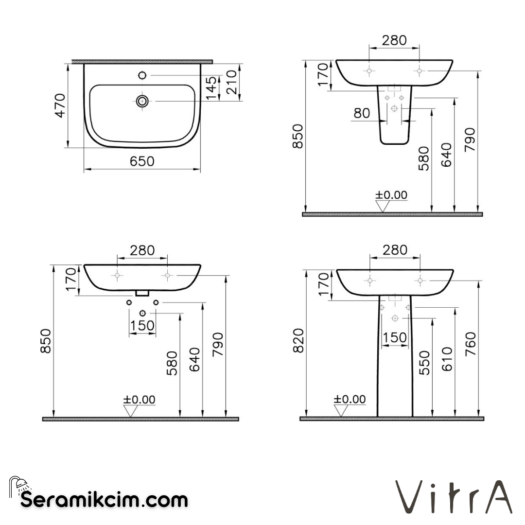Vitra S20 Lavabo 65X47 Cm Tek Armatür Delikli, Su Taşma Delikli, Beyaz - 5504L003-0001