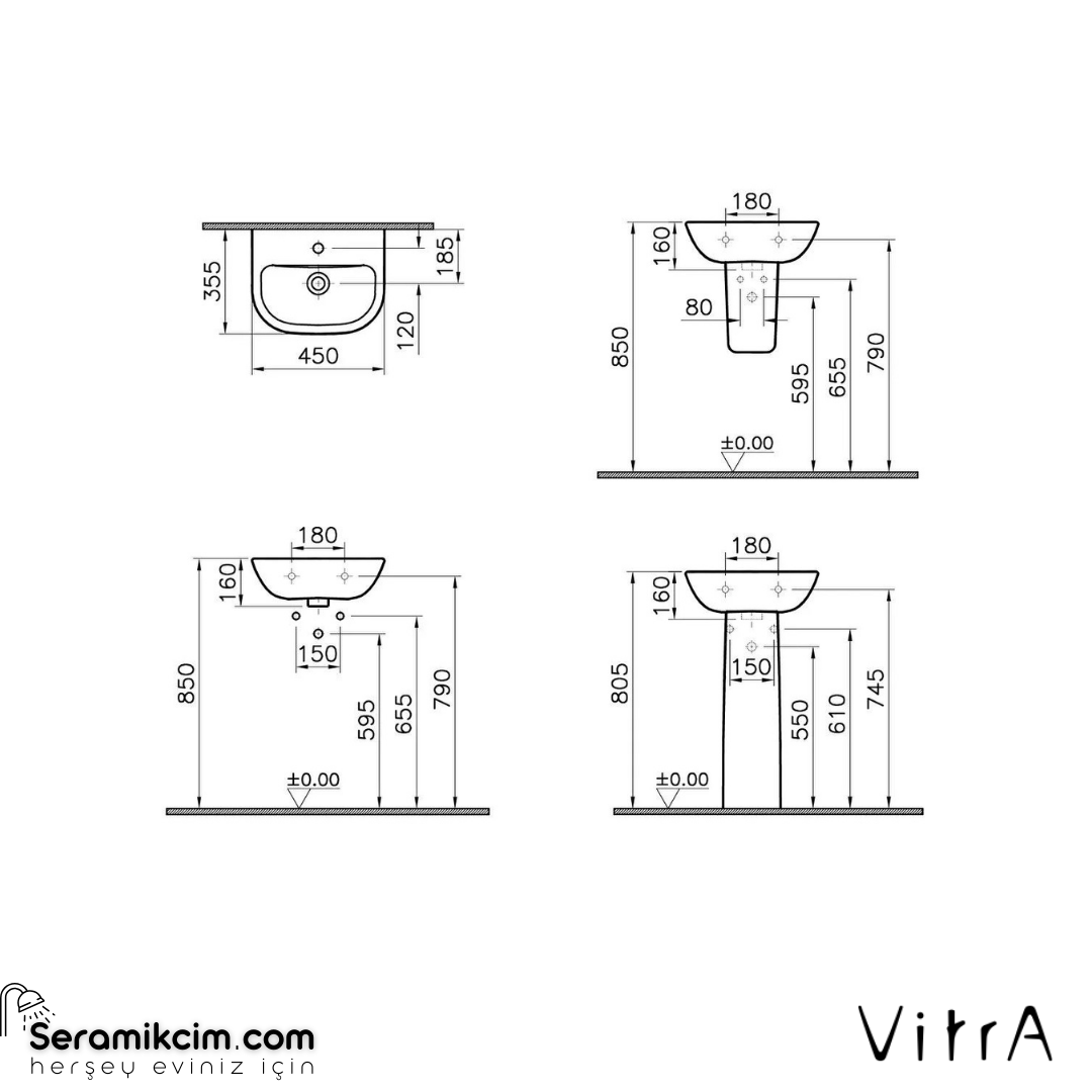 Vitra S20 Lavabo Kompakt, 45X36 Cm Tek Armatür Delikli, Su Taşma Delikli, Beyaz