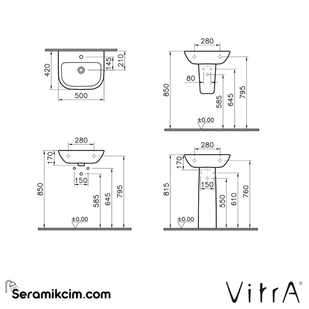 Vitra S20 Lavabo Kompakt, 50X42 Cm Tek Armatür Delikli, Su Taşma Delikli, Beyaz - 5501L003-0001