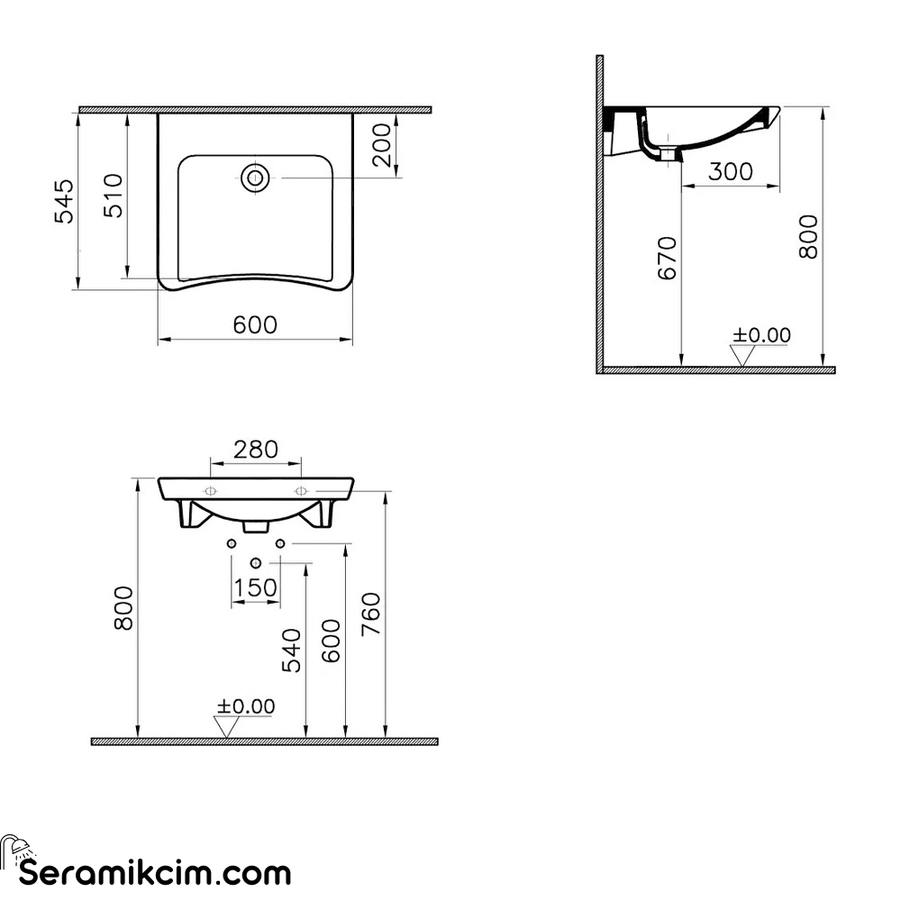 Vitra S20 Lavabo Özel İhtiyaç, 60X55 Cm Armatür Deliksiz, Su Taşma Delikli, Beyaz