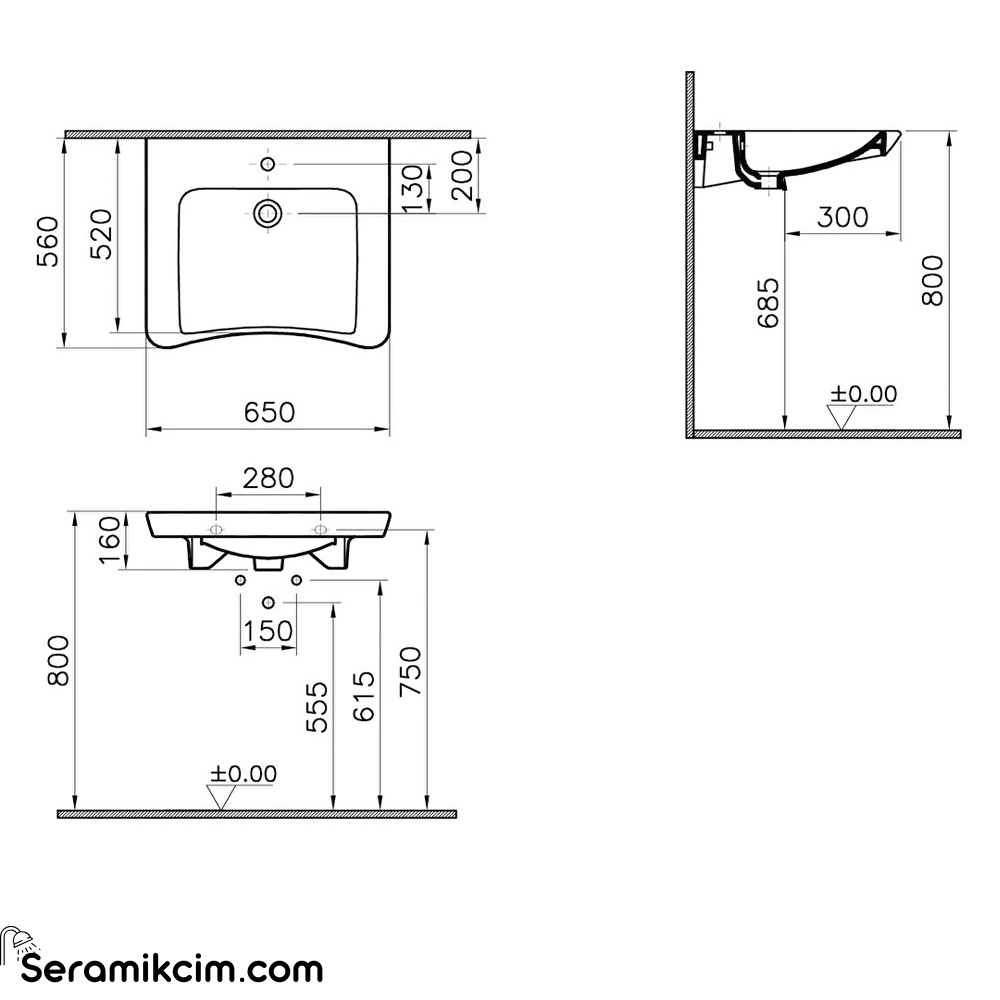 Vitra S20 Lavabo Özel İhtiyaç, 65X56 Cm Tek Armatür Delikli, Su Taşma Delikli, Beyaz