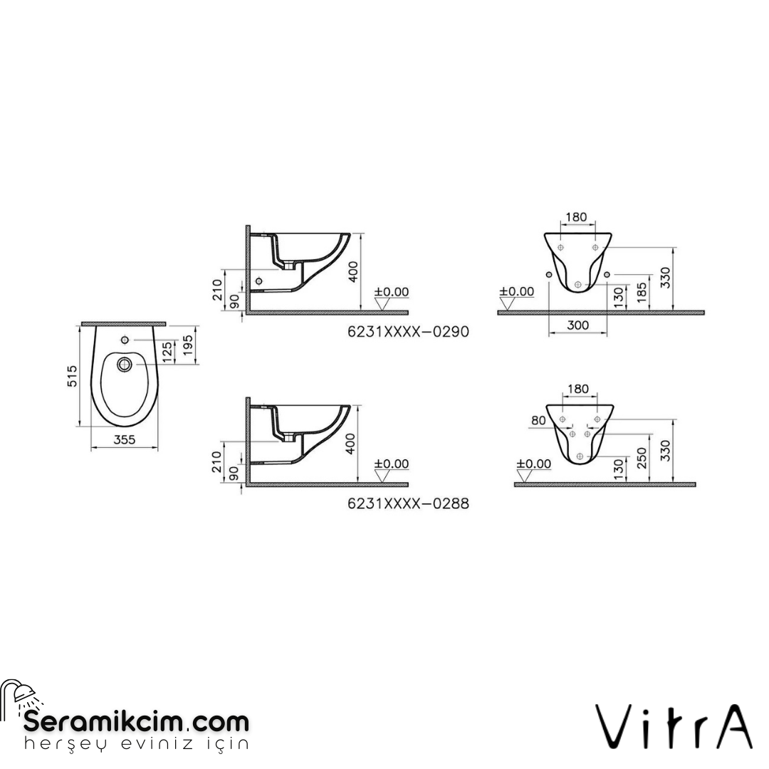 Vitra S20 Round Asma Bide 52 Cm Tek Armatür Delikli, Su Taşma Delikli, Yanlardan Deliksiz, Beyaz