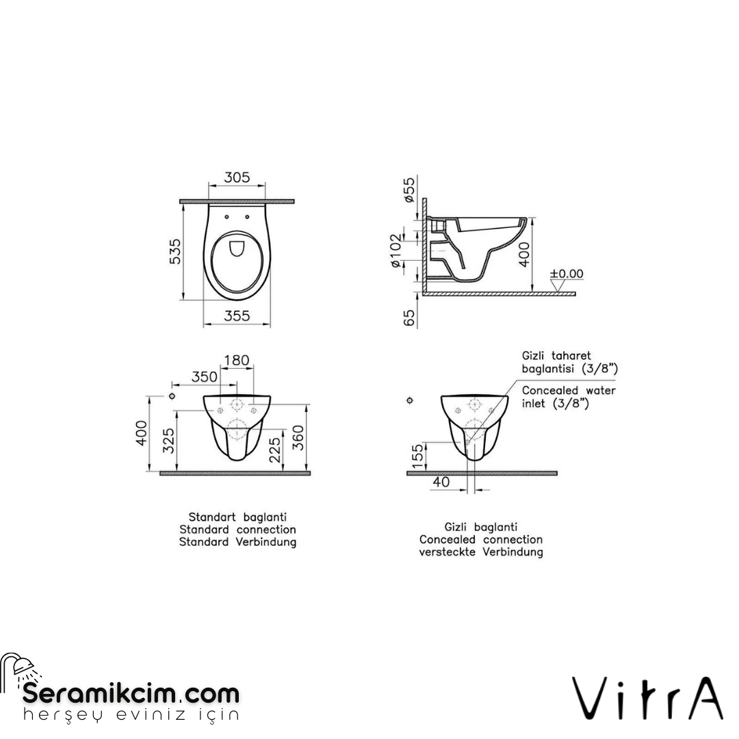 Vitra S20 Round Asma Klozet 54 Cm Taharet Borulu, Beyaz