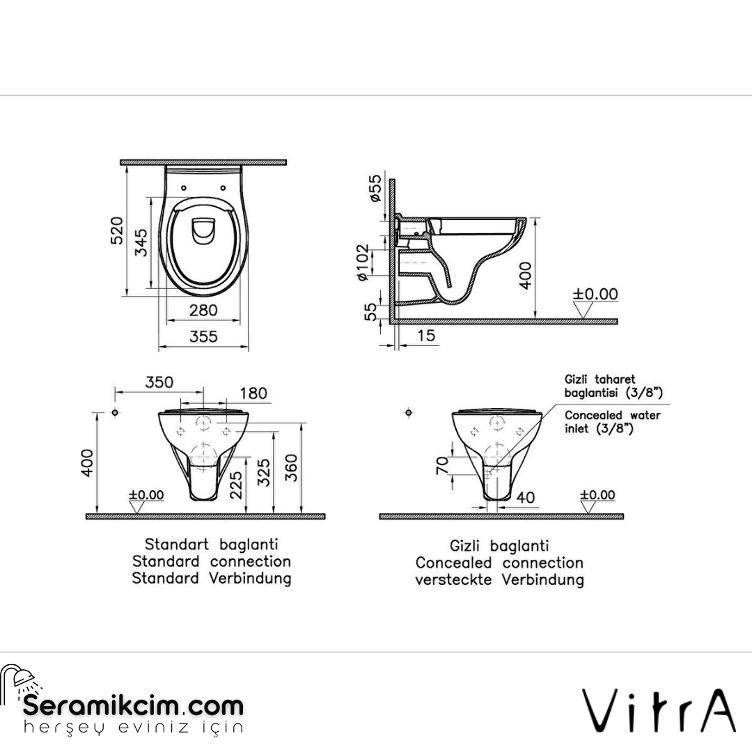 Vitra S20 Round Asma Klozet Smoothflush, 52 Cm Taharet Borulu, Beyaz