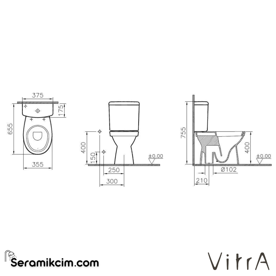 Vitra S20 Round Takım Klozet Arkası Açık, 66 Cm Taharet Borulu, Beyaz - 5821L003-0088