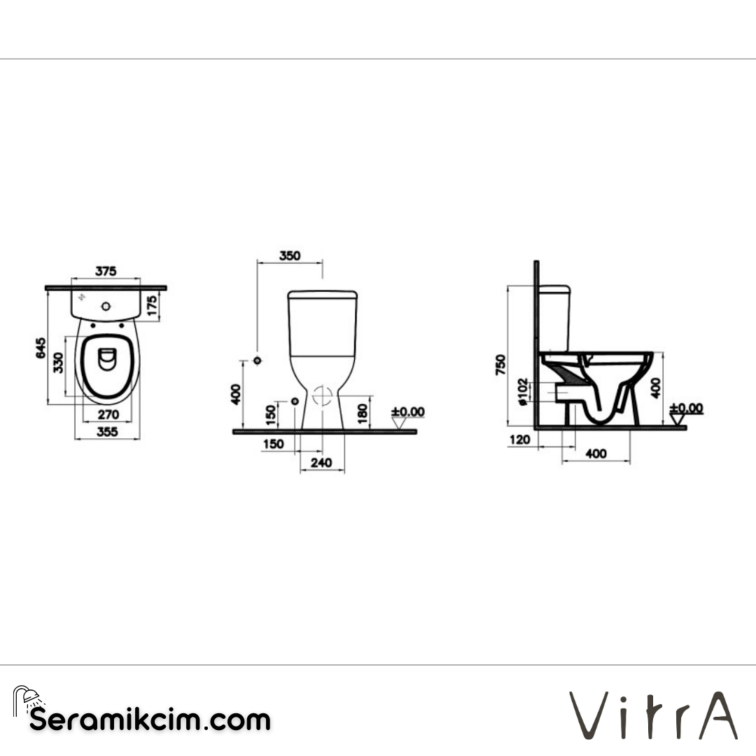 Vitra S20 Round Takım Klozet Smoothflush, Arkası Açık, 63 Cm Taharet Borulu, Beyaz - 5825L003-0088