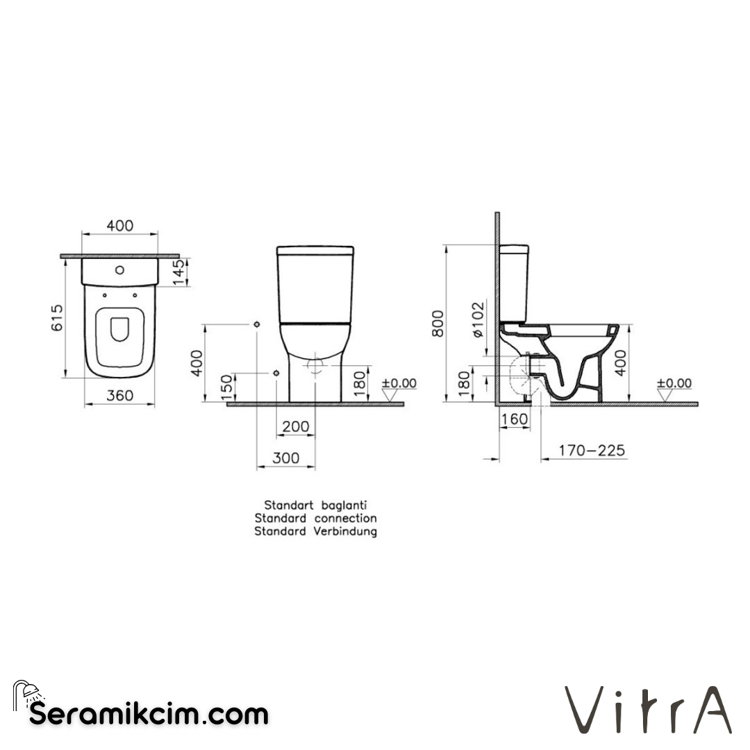 Vitra S20 Takım Klozet Arkası Açık, 62 Cm Taharet Borulu, Beyaz - 5513L003-0088