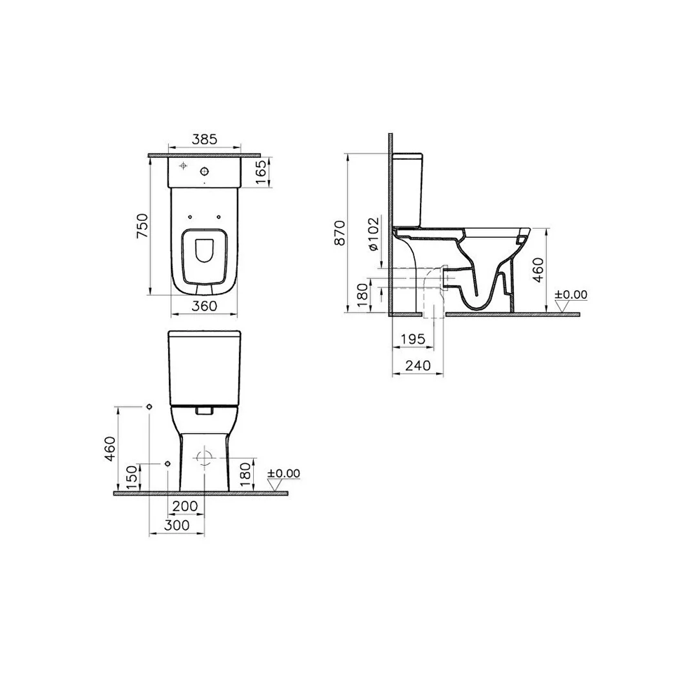 VitrA S20 Takım Klozet Arkası Açık, Özel İhtiyaç, 75 cm Taharet Borulu, Beyaz - 5293L003-1023