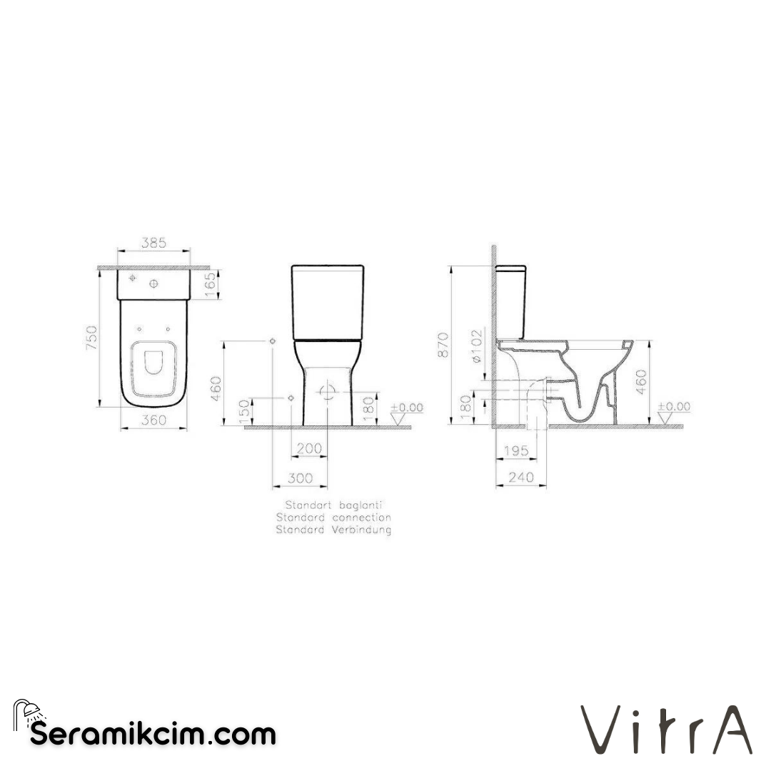 Vitra S20 Takım Klozet Arkası Açık, Özel İhtiyaç, 75 Cm Taharet Borulu, Beyaz - 5293B003-0088