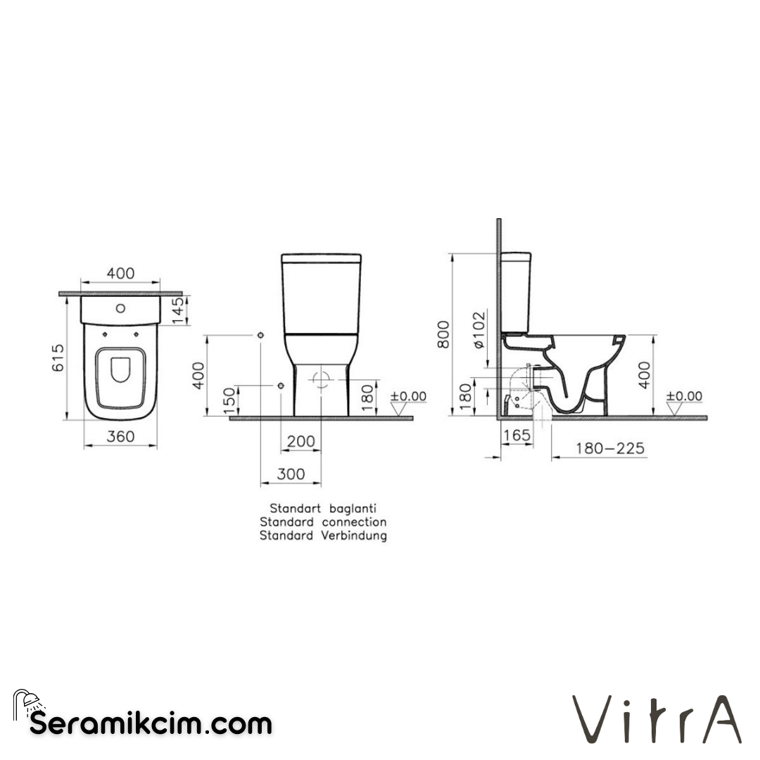 Vitra S20 Takım Klozet Duvara Tam Dayalı, 62 Cm Taharet Borulu, Taharet Borusu Girişi Sıva Altı Uygulamalı, Beyaz - 5512L003-0610