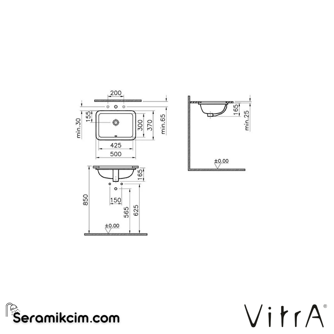 Vitra S20 Tezgahaltı Lavabo Dikdörtgen, Kompakt, 50X37 Cm Armatür Deliksiz, Su Taşma Delikli, Beyaz 5474B003-0618 - 5474B003-0618