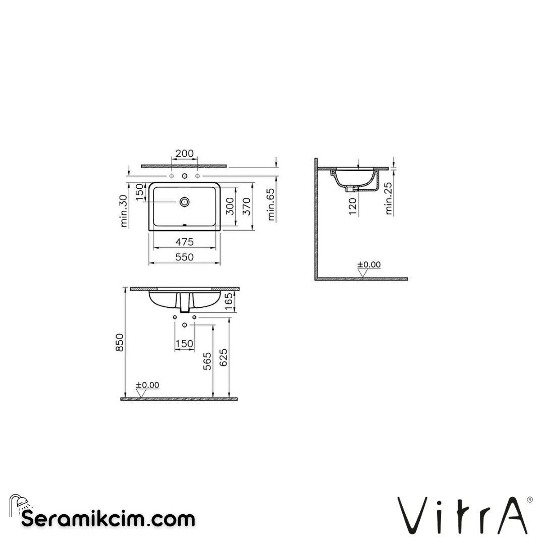 Vitra S20 Tezgahaltı Lavabo Dikdörtgen, 55X37 Cm Armatür Deliksiz, Su Taşma Delikli, Beyaz - 7475B003-0618