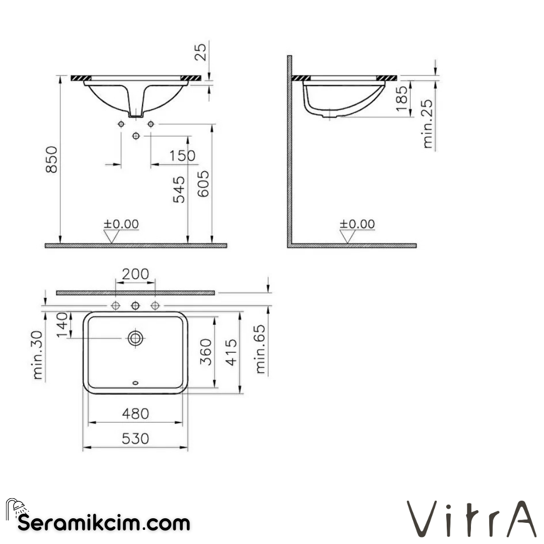 Vitra S20 Tezgahaltı Lavabo Dikdörtgen, 55X42 Cm Armatür Deliksiz, Su Taşma Delikli, Beyaz - 5339B003-0012