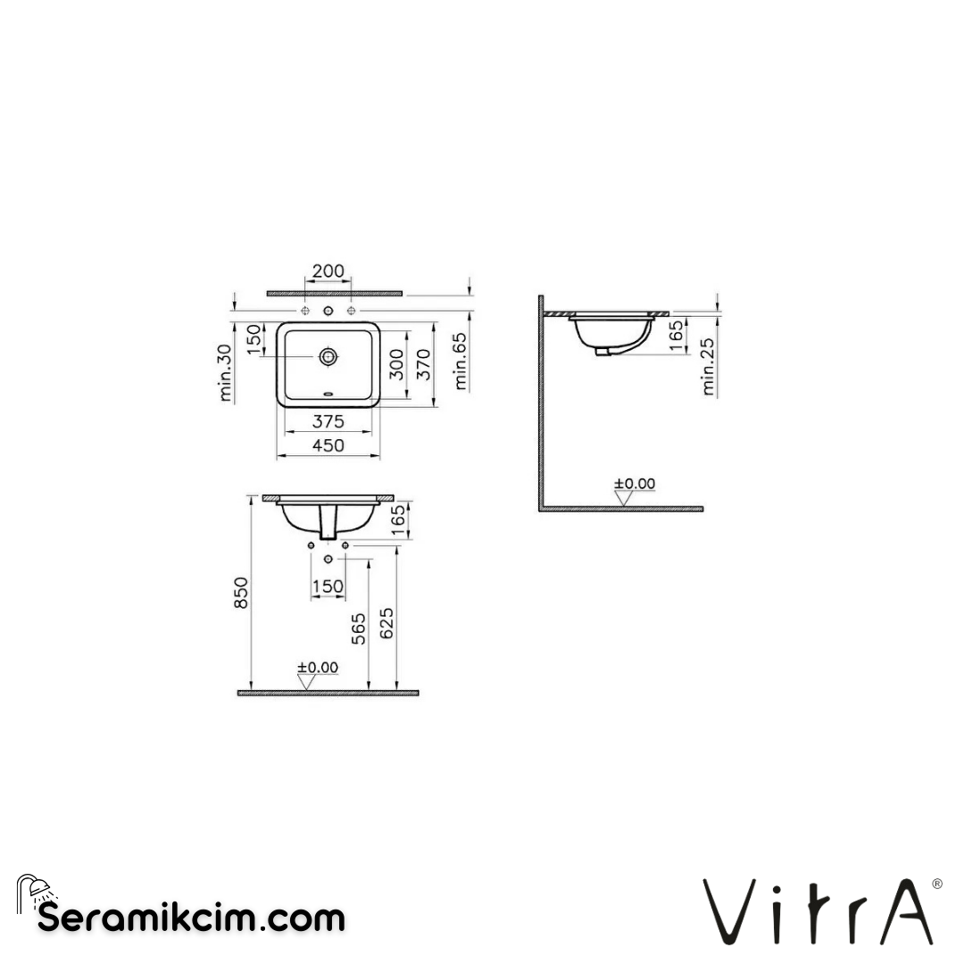 Vitra S20 Tezgahaltı Lavabo Dikdörtgen, Kompakt, 45X37 Cm Armatür Deliksiz, Su Taşma Delikli, Beyaz - 5473B003-0618
