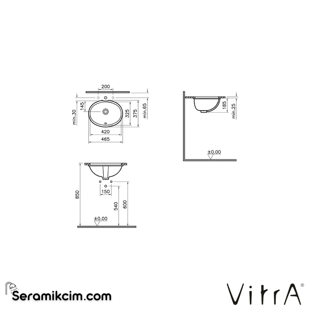 Vitra S20 Tezgahaltı Lavabo Oval, Kompakt, 45X38 Cm Armatür Deliksiz, Su Taşma Delikli, Beyaz - 6039B003-0012