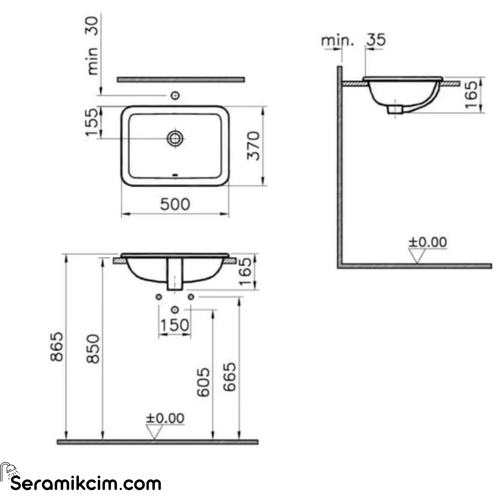 Vitra S20 Tezgahüstü Lavabo Dikdörtgen, Kompakt, 50X37 Cm Armatür Deliksiz, Su Taşma Delikli, Beyaz