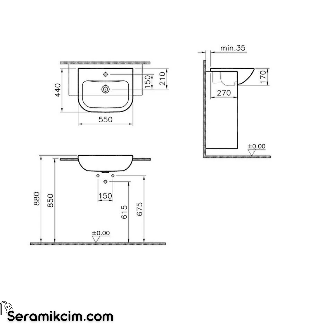 Vitra S20 Yarım Tezgah Lavabo, 55 cm 5524B003-0001