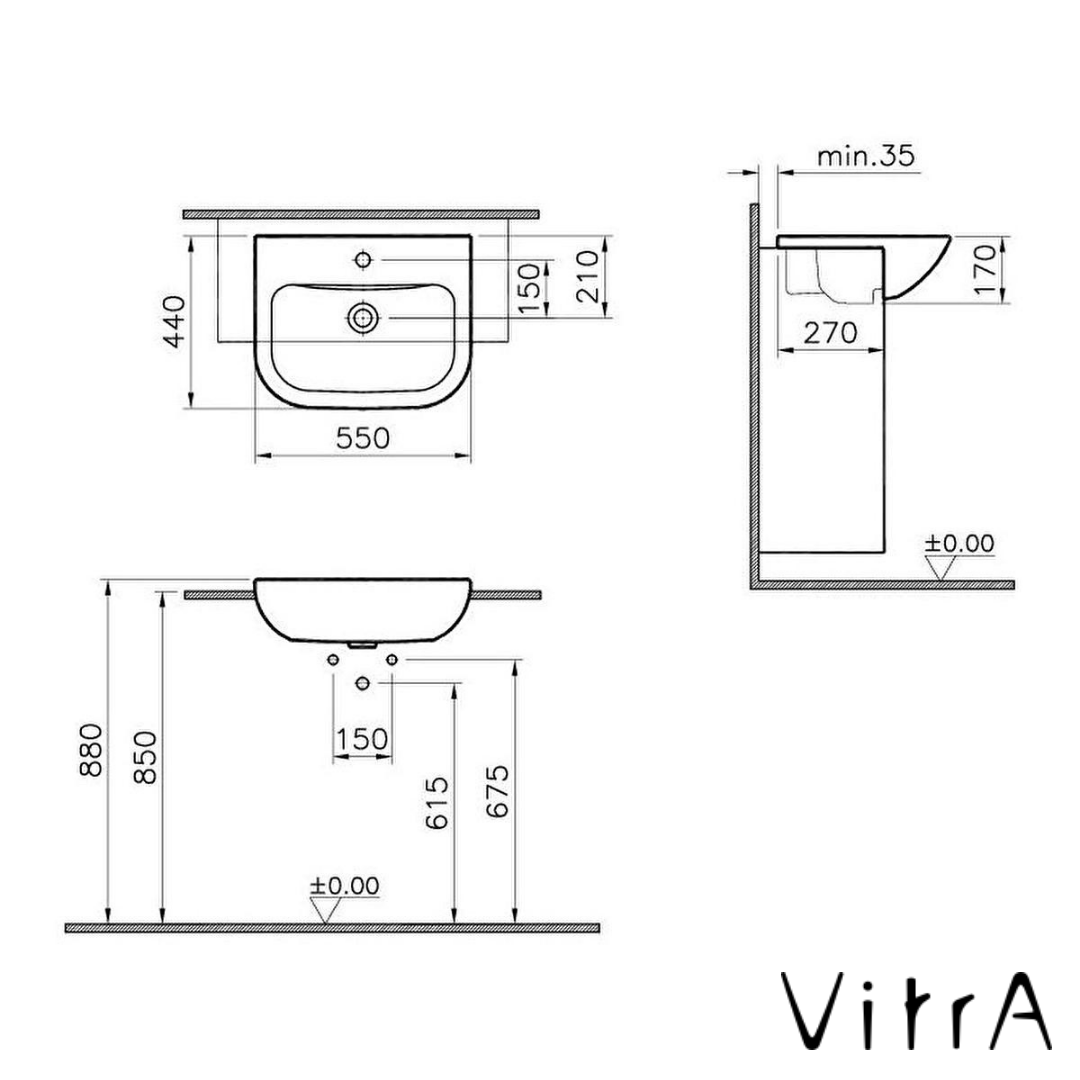 VitrA S20 Yarım Tezgah Üstü Lavabo Tek Armatür Delikli 55x44cm 
