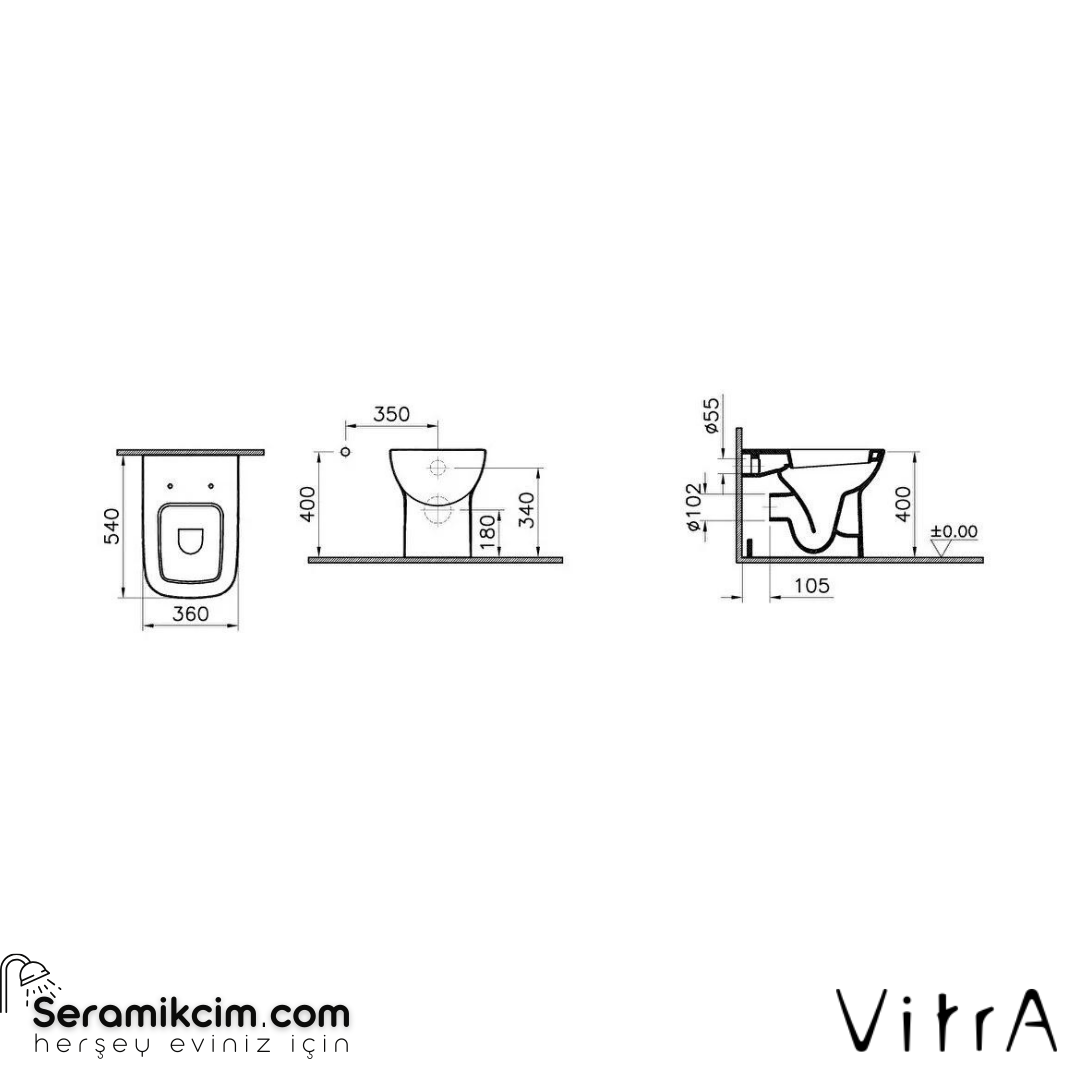 Vitra S20 Yerden Klozet Duvara Tam Dayalı, 54 Cm Taharet Borulu, Beyaz