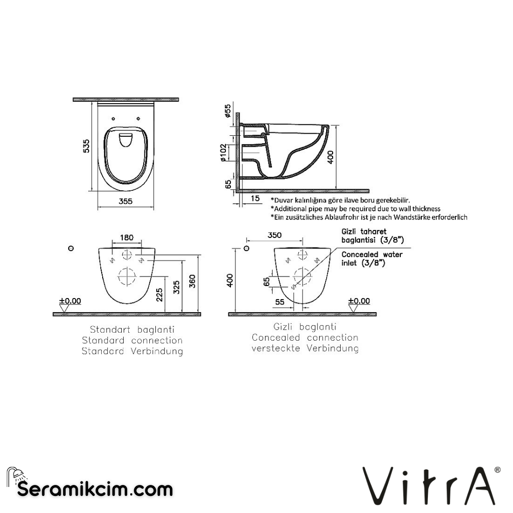 VitrA S40 Asma Klozet SmoothFlush, 54 cm Taharet Borulu, Beyaz - 7759L003-0850