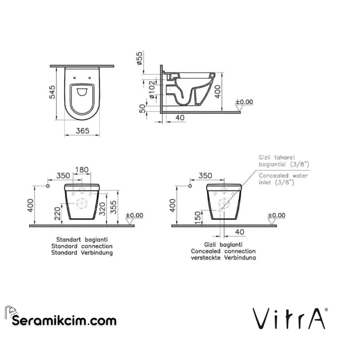 VitrA S50 Asma Klozet 54 cm Taharet Borulu, Beyaz 5618L003-0850 - 5618L003-0850
