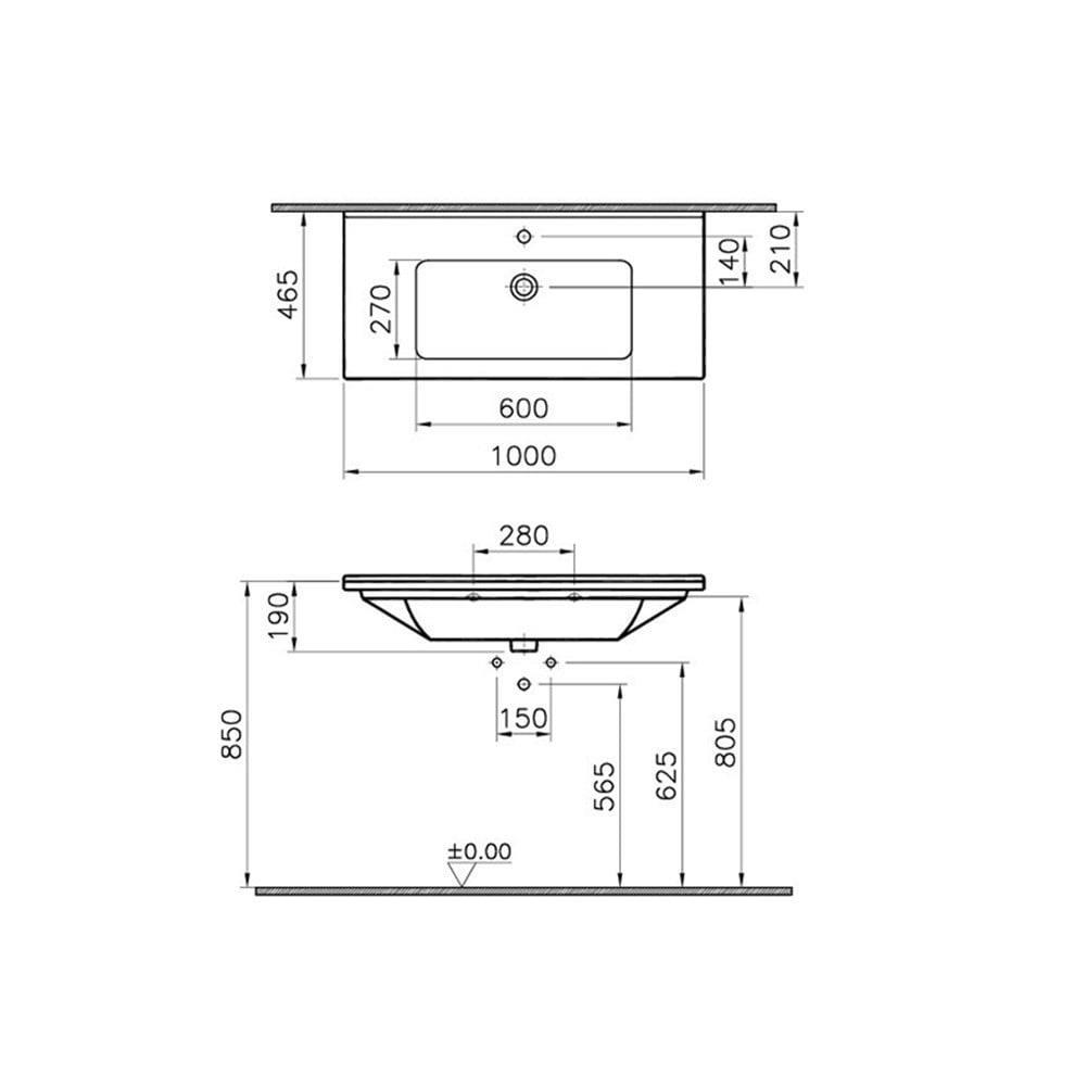 VitrA S50 Etajerli Lavabo 100x47 cm Tek Armatür Delikli, Su Taşma Delikli, Beyaz - 5479B003-0001