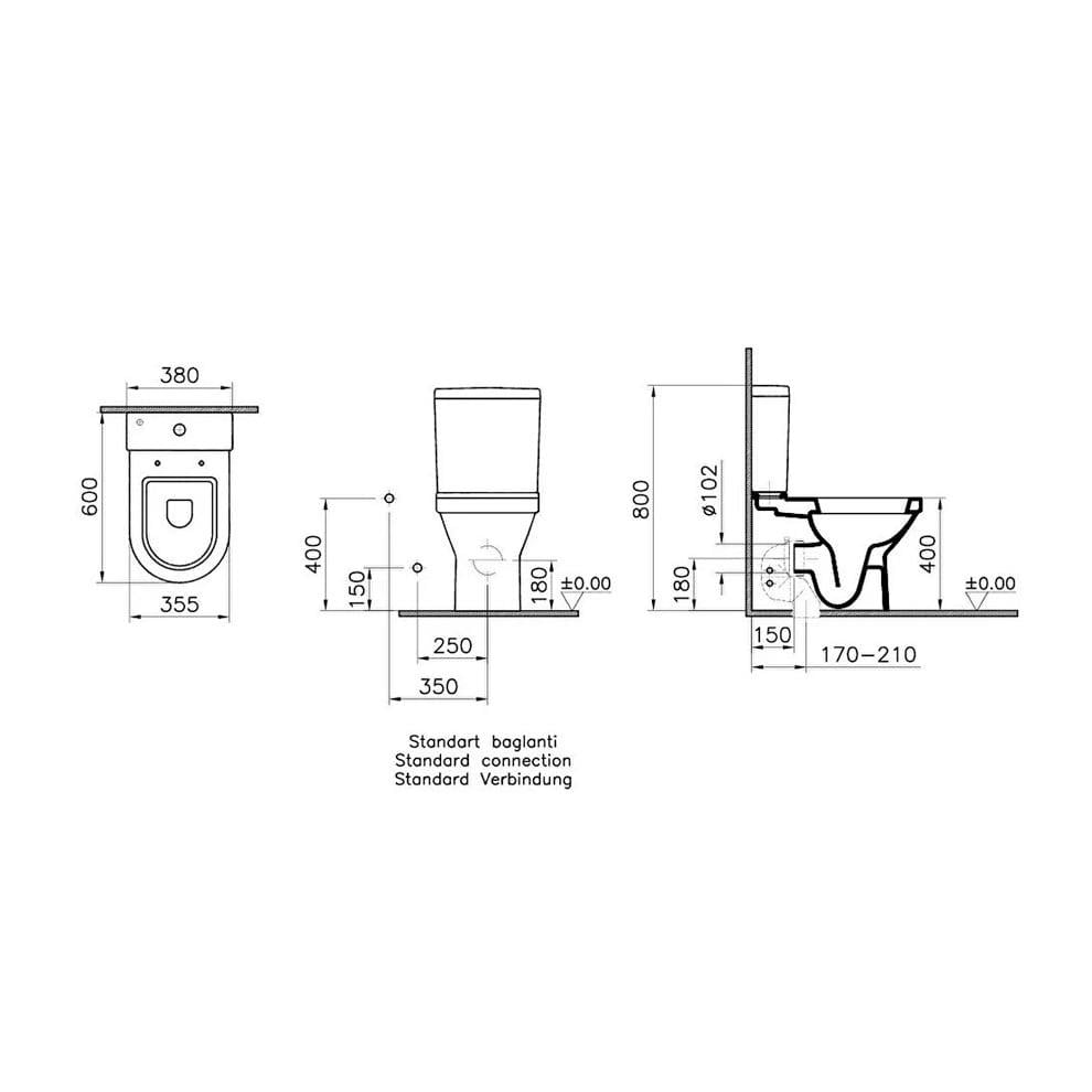 VitrA S50 Takım Klozet Duvara Tam Dayalı, Kompakt, 60 cm Taharet Borulu, Beyaz - 5427L003-0092