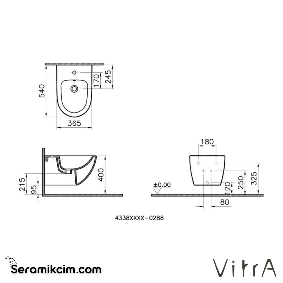 VitrA Sento Asma Bide Gizli Montajlı, 54 cm Tek Armatür Delikli, Su Taşma Delikli, Yanlardan Deliksiz, Mat Siyah - 4338B083-1046
