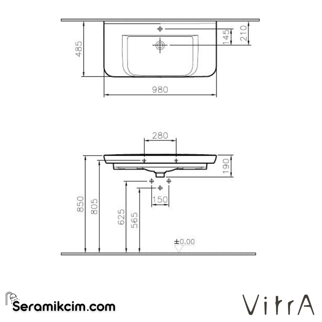 VitrA Sento Etajerli Lavabo 100x49 cm Tek Armatür Delikli, Su Taşma Delikli, Beyaz - 5948B003-0001