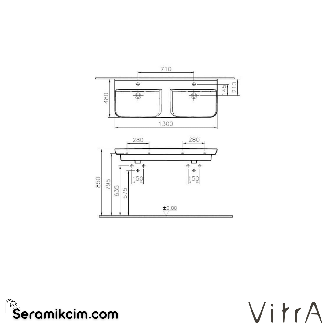 VitrA Sento Etajerli Lavabo 130x49 cm Tek Armatür Delikli, Su Taşma Delikli, Beyaz - 5949B003-0001