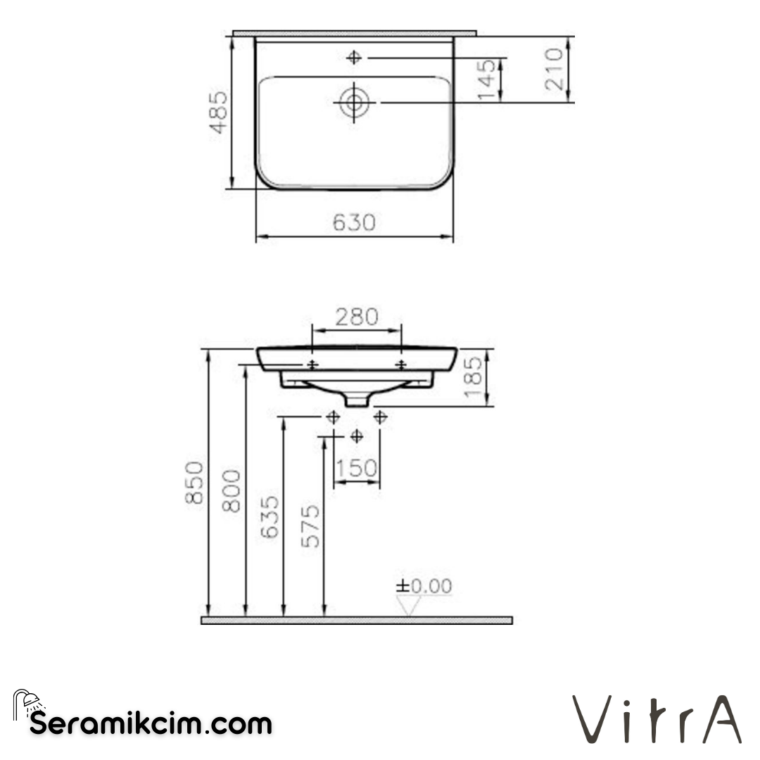 VitrA Sento Etajerli Lavabo 65x49 cm Tek Armatür Delikli, Su Taşma Delikli, Beyaz - 5946B003-0001