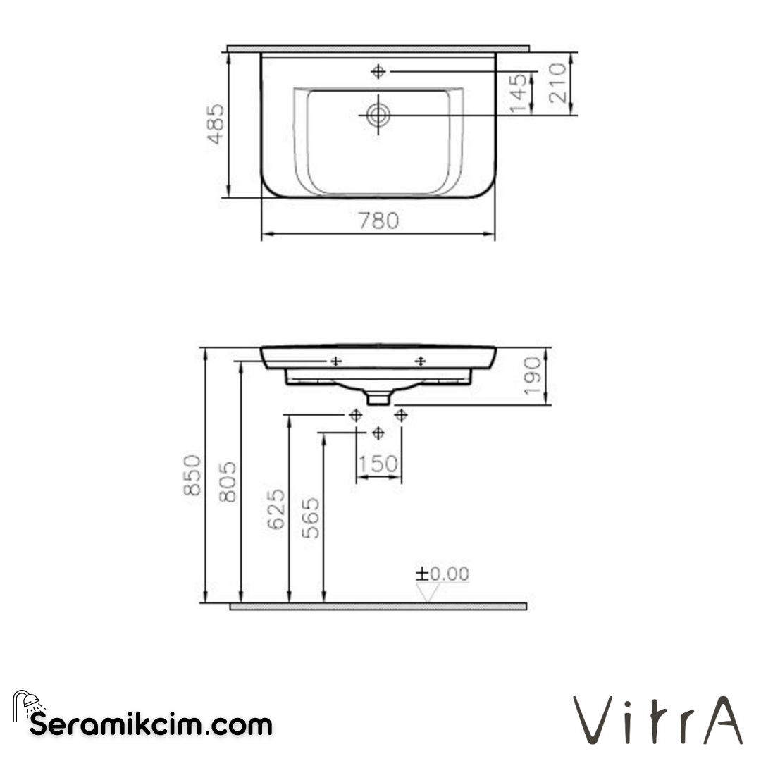 VitrA Sento Etajerli Lavabo 80x49 cm Tek Armatür Delikli, Su Taşma Delikli, Beyaz - 5947B003-0001