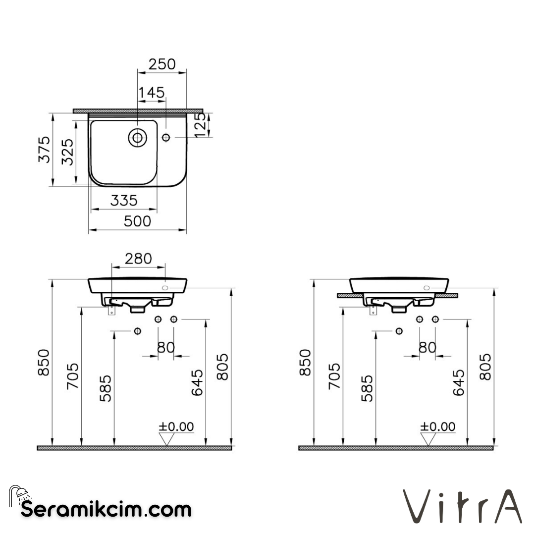 VitrA Sento Etajerli Lavabo Kompakt, 50x38 cm Sağdan Tek Armatür Delikli, Su Taşma Delikli, Beyaz - 5945B003-0029