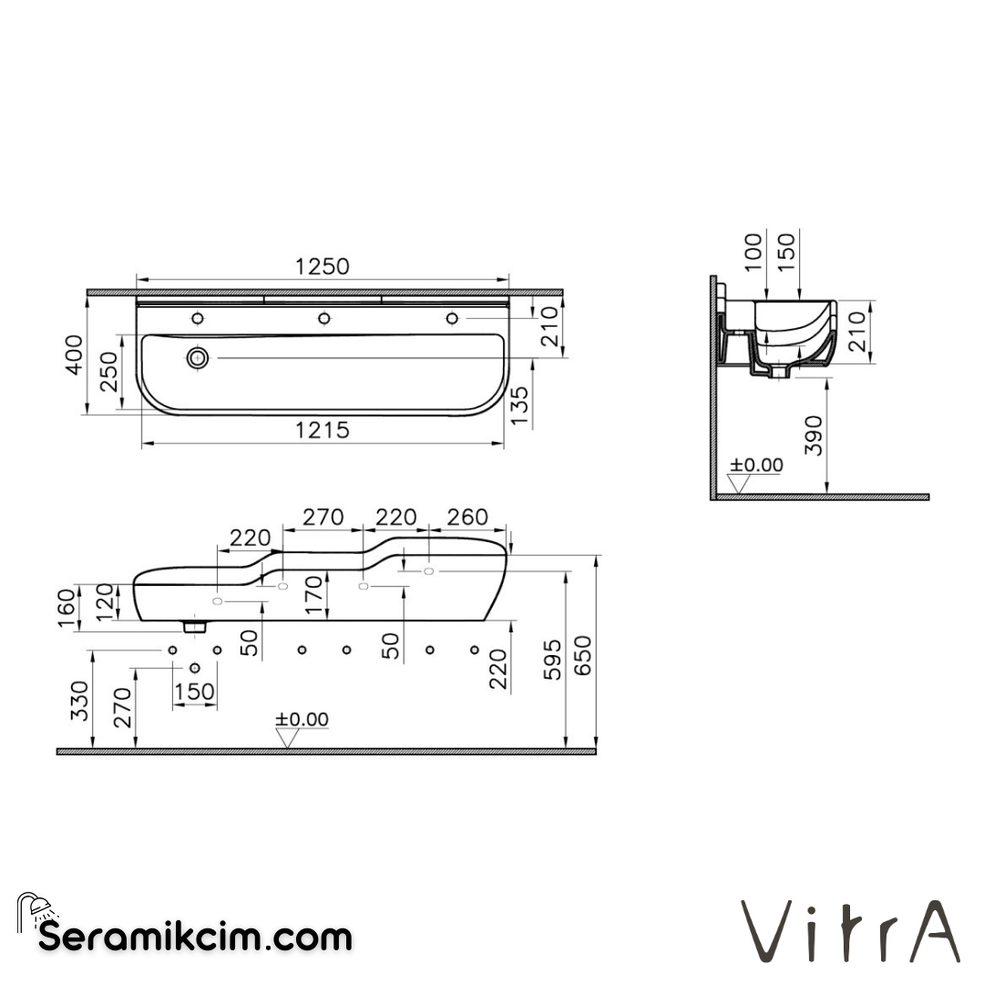 VitrA Sento Kids Lavabo 125x40 cm Üç Armatür Delikli, Su Taşma Deliksiz, Beyaz - 7352B003-1741
